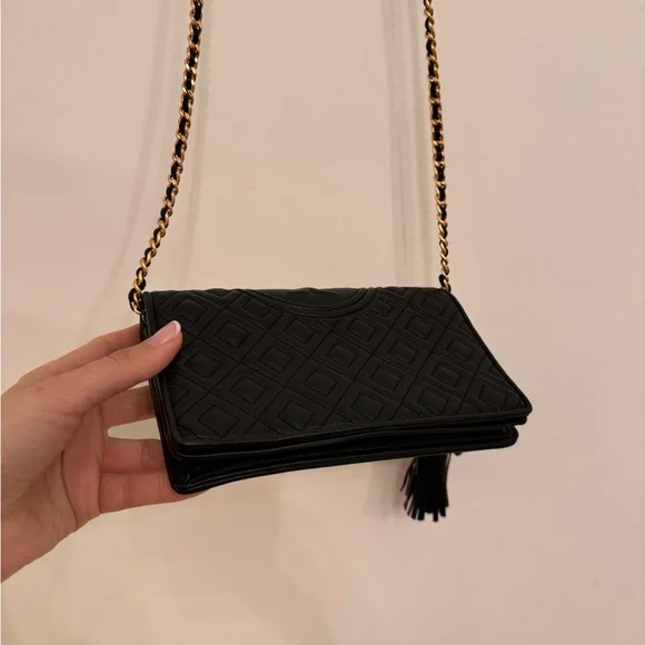 Tory Burch Fleming Wallet Black Quilted Chain Crossbody Bag - Picture 5 of 16